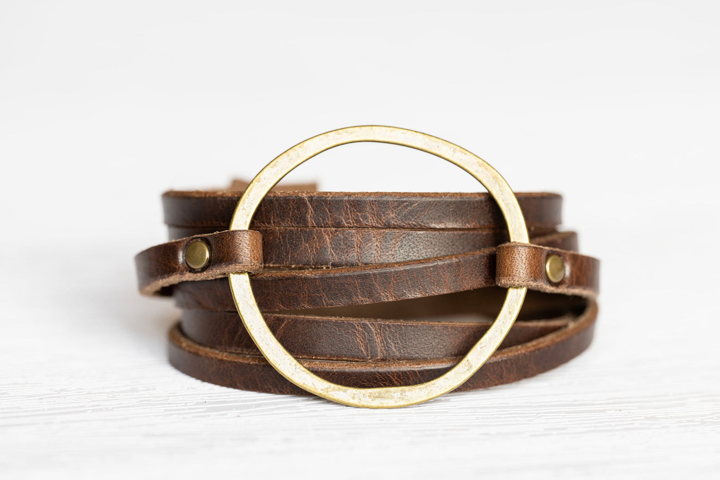 Womens Leather Bracelet Wrap | Multi-strand Boho Hoop Cuff | Rustic Walnut + Antique Brass | Handmade Jewelry Personalized Gift For Her