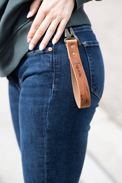 Leather Clutch Purse - Flower + Name Engraved Words - Handmade Mother's Day Gift - Keychain for keys - Walnut + Antique Brass - Gift For Her