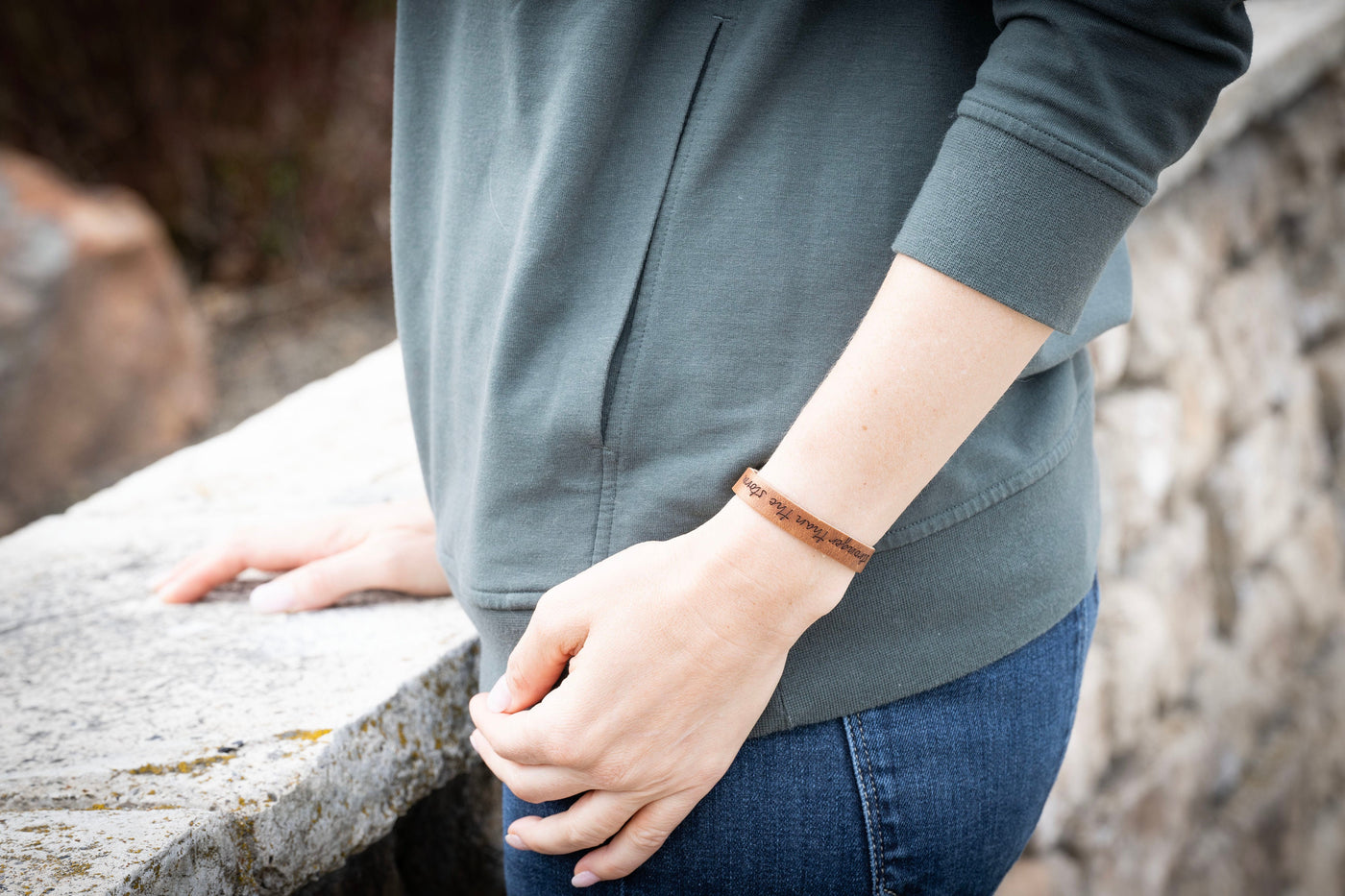 Leather Bracelet Snaps | Stronger Than The Storm | Walnut + Antique Brass | Affirmation Gift For Her Mens Bracelet