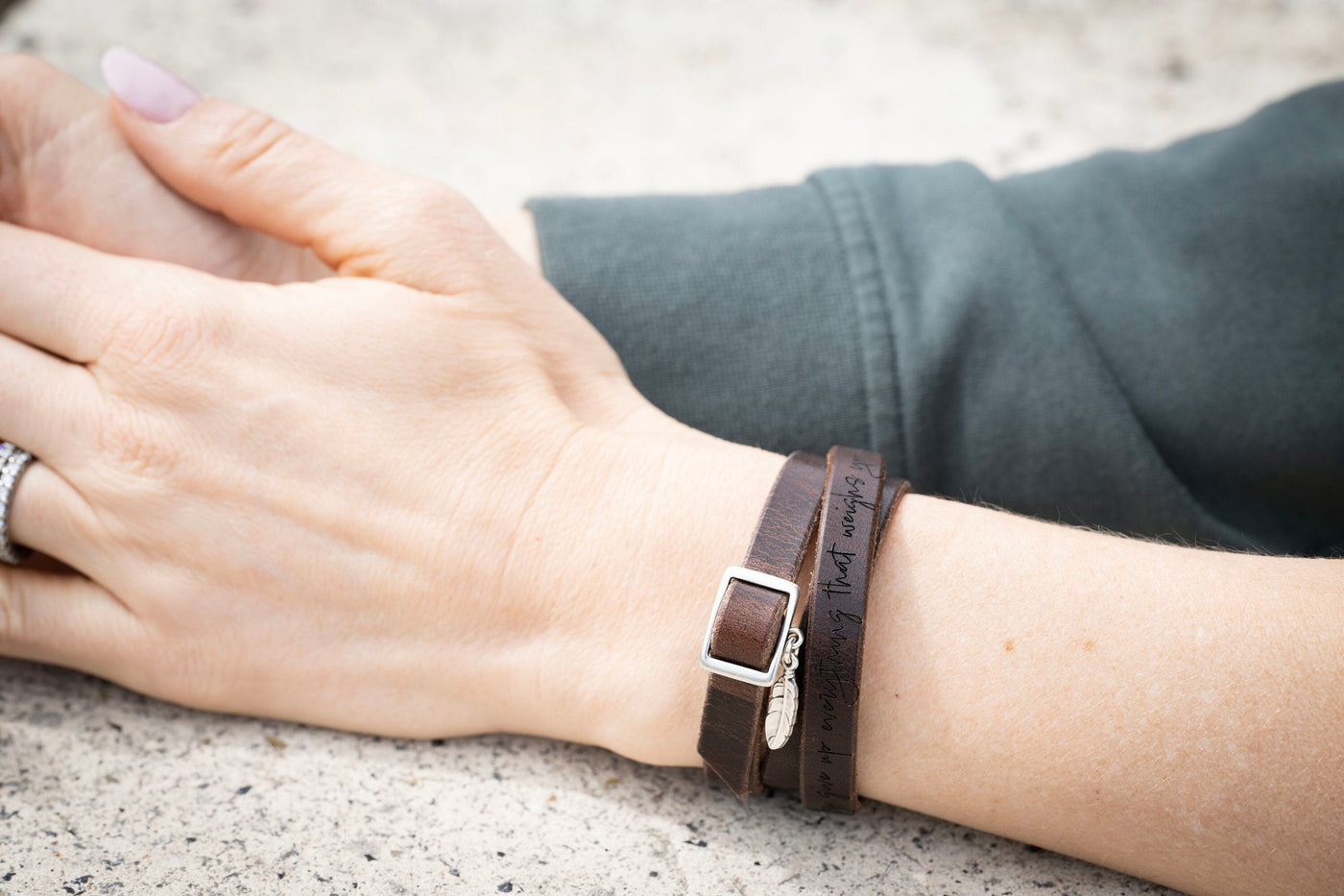 Leather Wrap Bracelet Feather Charm | Dark Brown + Silver | Boho Handmade Jewelry Affirmations Gift For Her Personalized