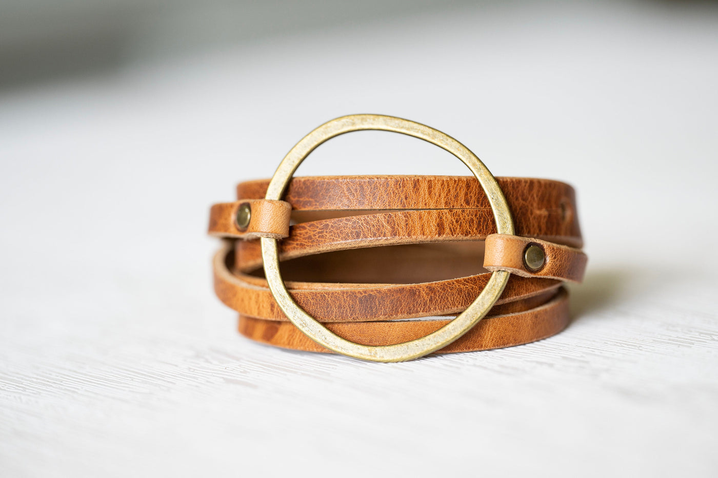 Leather Bracelet Boho Hoop | Multi-strand Cuff Stacking Look | Walnut + Antique Brass | Handmade Jewelry Custom Gift For Her