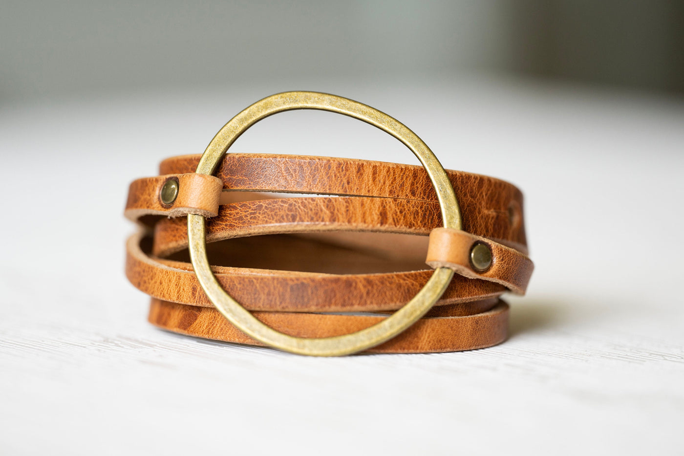 Leather Bracelet Boho Hoop | Multi-strand Cuff Stacking Look | Walnut + Antique Brass | Handmade Jewelry Custom Gift For Her