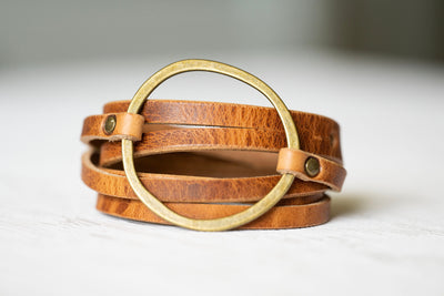 Leather Bracelet Boho Hoop | Multi-strand Cuff Stacking Look | Walnut + Antique Brass | Handmade Jewelry Custom Gift For Her