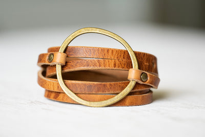 Womens Leather Bracelet Wrap | Multi-strand Boho Hoop Cuff | Rustic Walnut + Antique Brass | Handmade Jewelry Personalized Gift For Her