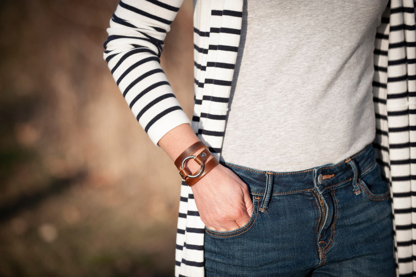 Personalized Leather Wrap Bracelet Cuff | Chrome Ring + Brown | Gift for Her and Him | Handmade Jewelry