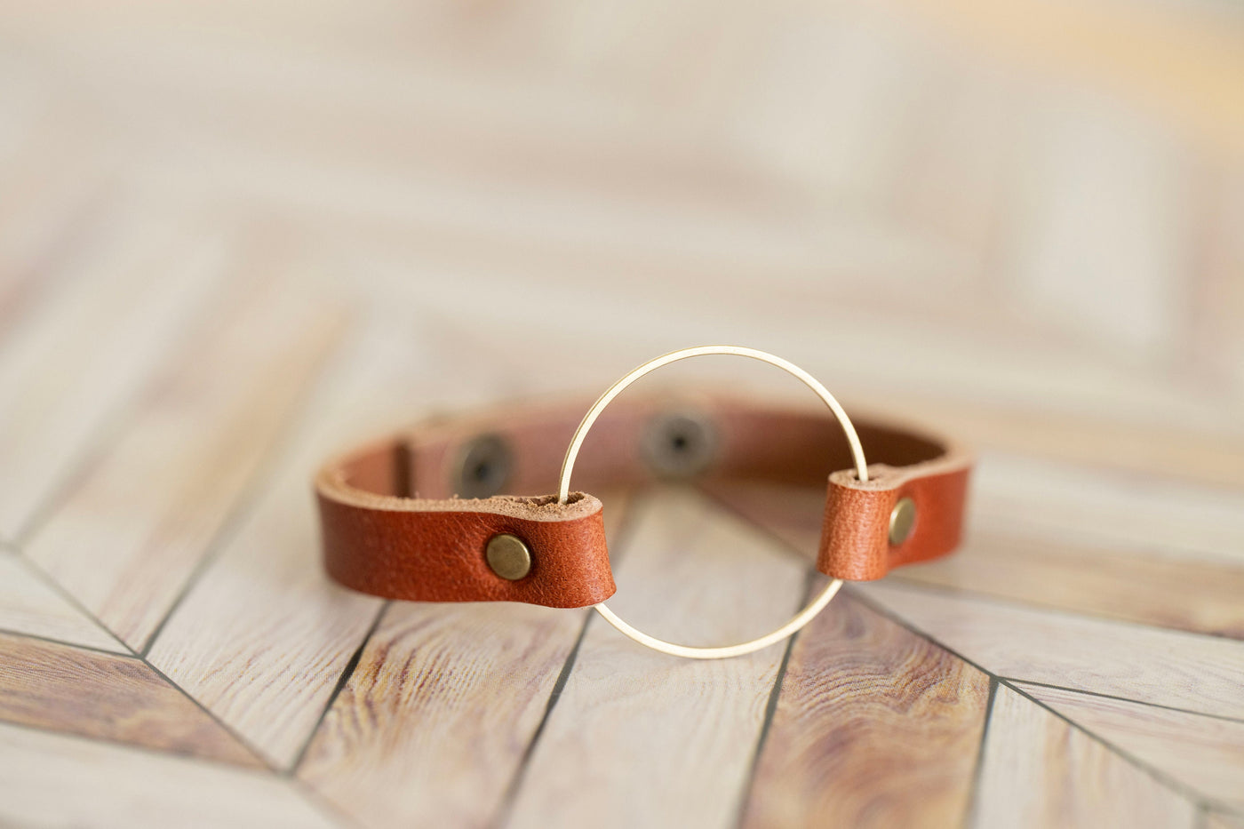 Leather + Brass Bracelet Cuff | Boho Circle Bracelet | English Tan + Brass | Customize Adjustable Handmade Jewelry