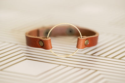 Leather + Brass Bracelet Cuff | Boho Circle Bracelet | English Tan + Brass | Customize Adjustable Handmade Jewelry