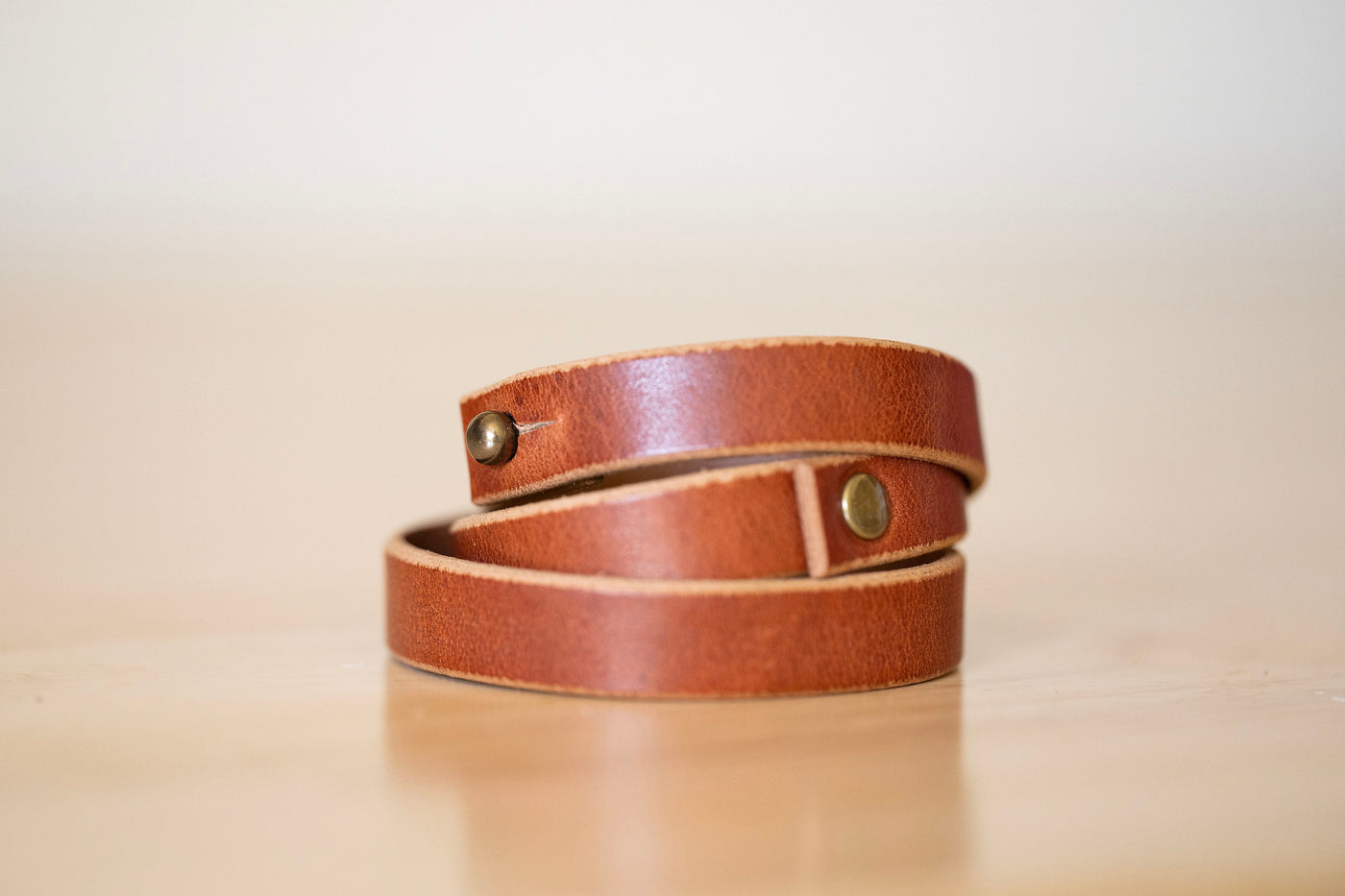 Leather Bracelet Handmade - Triple Rivet Wrap - English Tan + Antique Brass - Boho Style - Personalized Engraving Gifts