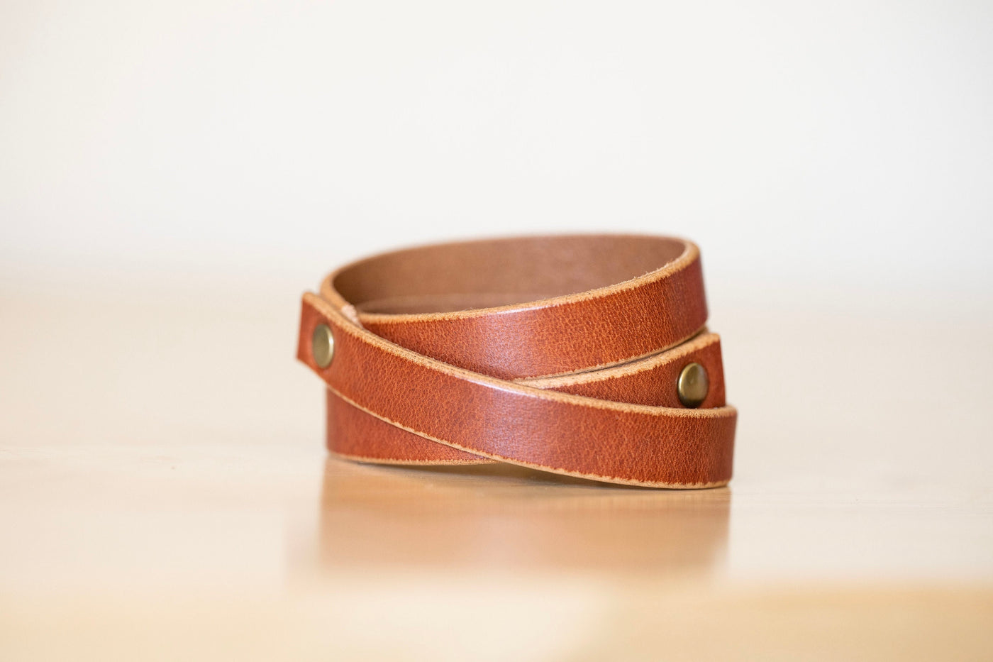 Leather Bracelet Handmade - Triple Rivet Wrap - English Tan + Antique Brass - Boho Style - Personalized Engraving Gifts