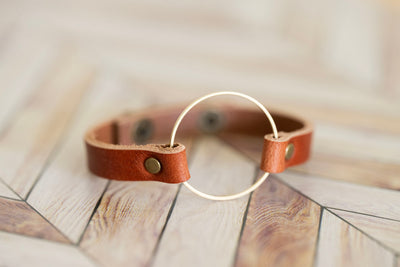 Leather + Brass Bracelet Cuff | Boho Circle Bracelet | English Tan + Brass | Customize Adjustable Handmade Jewelry