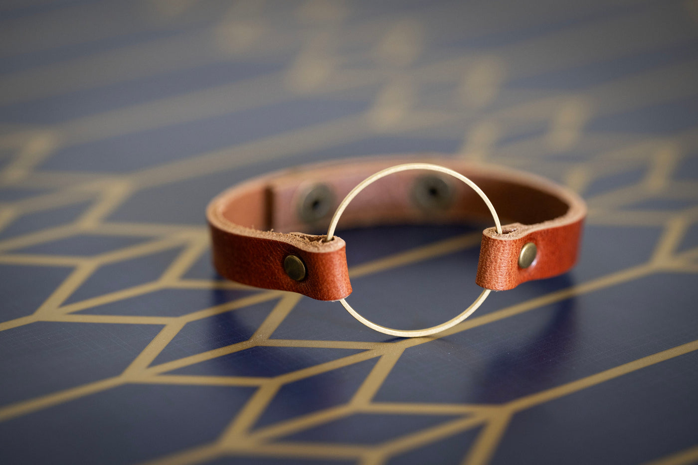 Leather + Brass Bracelet Cuff | Boho Circle Bracelet | English Tan + Brass | Customize Adjustable Handmade Jewelry