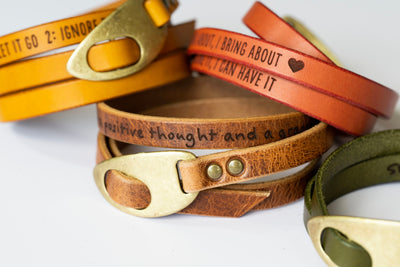 Engraved Leather Bracelet | Olive Green + Antique Brass | Quotes Love Affirmations | Handmade Gift | Personalized For Her For Him