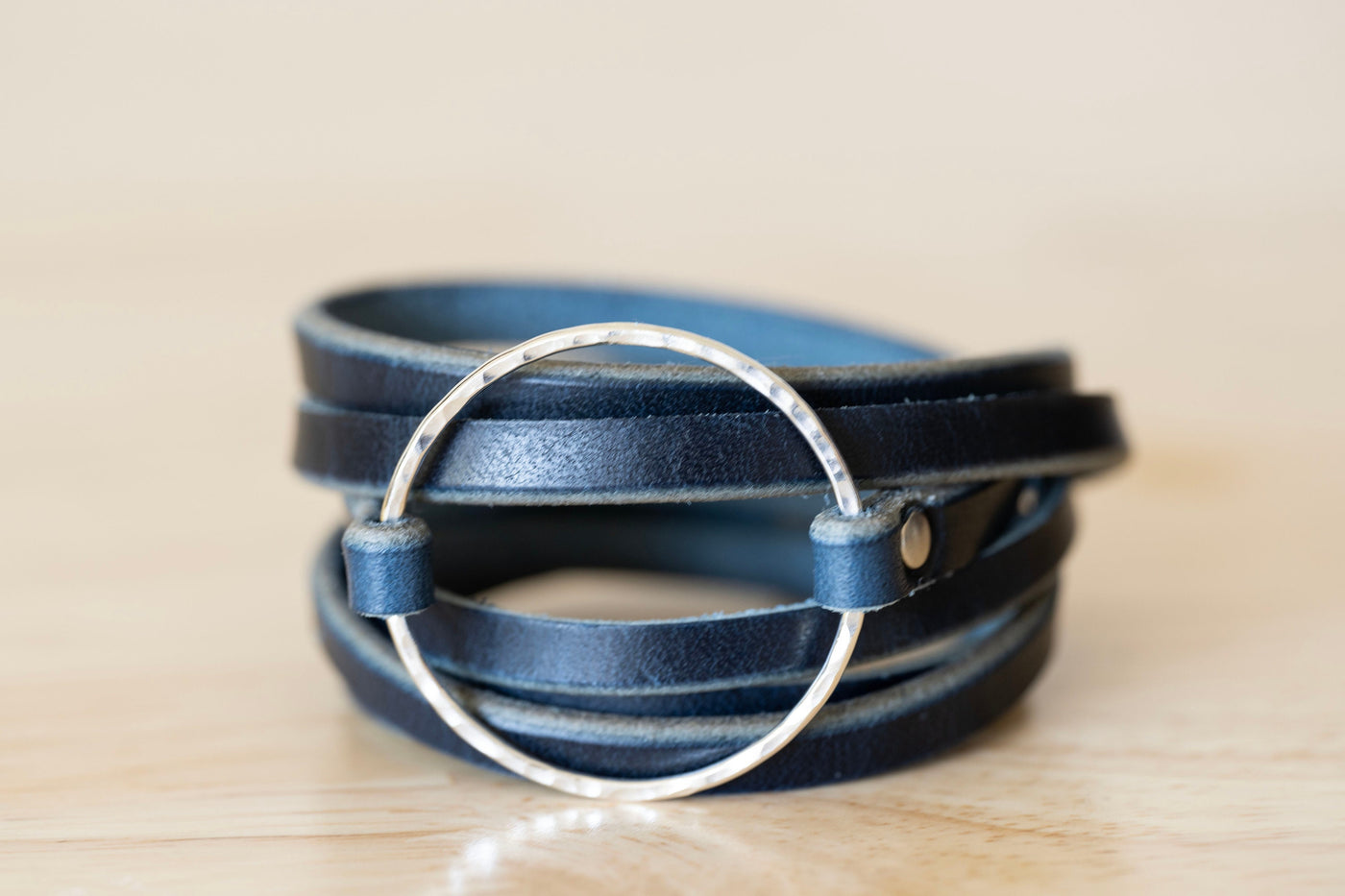 Leather Wrap Bracelet | Navy Blue Horween Leather + Sterling Silver Hammered Hoop Bracelet | Boho Style | Handmade Jewelry | Gift For Her