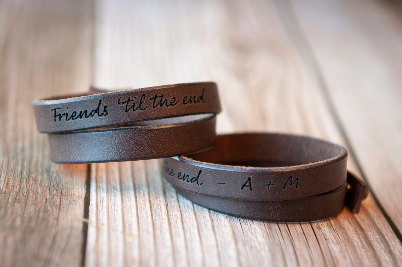 Personalized Leather Wrap Bracelet, Engrave Custom Words , Handmade, Brown Leather