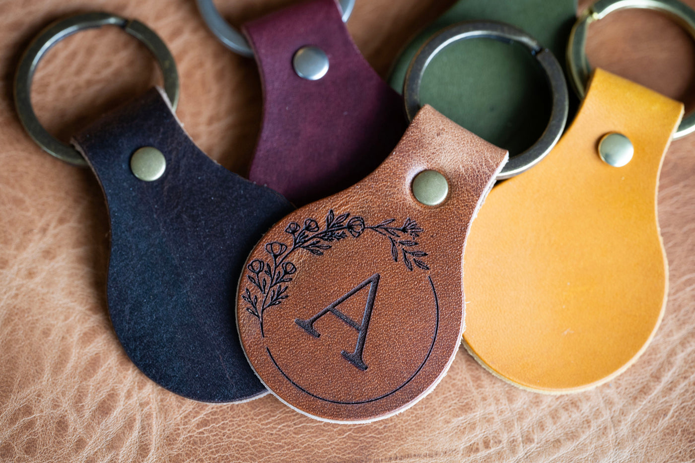 Leather Circle Keychain Initials | Monogrammed Personalized Real Leather Key Ring | Made In USA | Custom Keyring Key Fob | Gift For Her