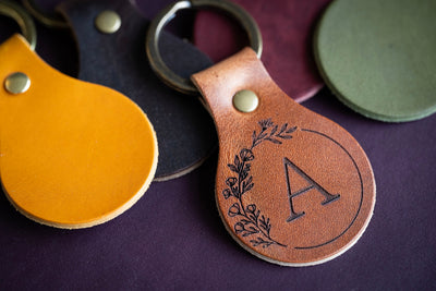 Leather Circle Keychain Initials | Monogrammed Personalized Real Leather Key Ring | Made In USA | Custom Keyring Key Fob | Gift For Her