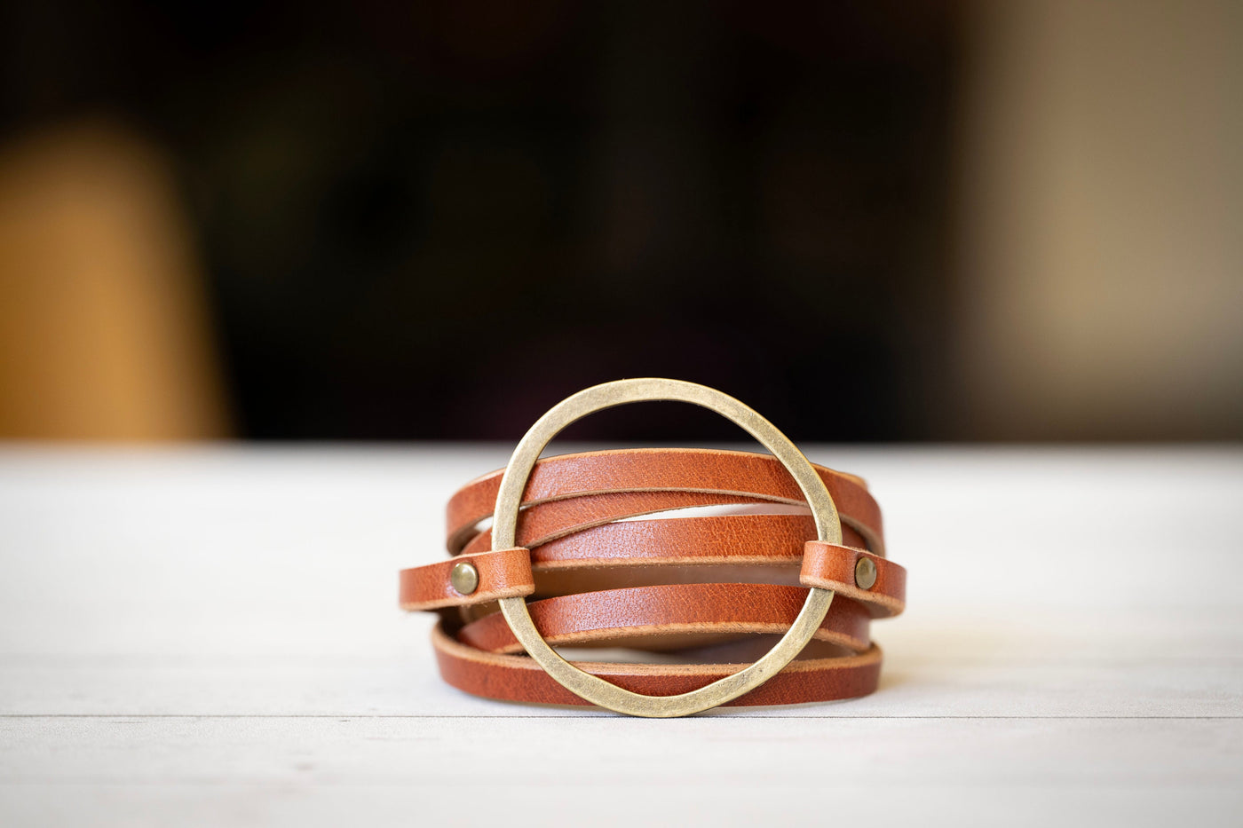 Leather Bracelet Boho Hoop | Multi-strand Cuff Stacking Look | Walnut + Antique Brass | Handmade Jewelry Custom Gift For Her