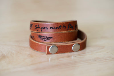 Leather Bracelet Snaps Triple Wrap | English Tan + Silver | Words of Affirmation Love Quotes Gift For Her Mens Bracelet