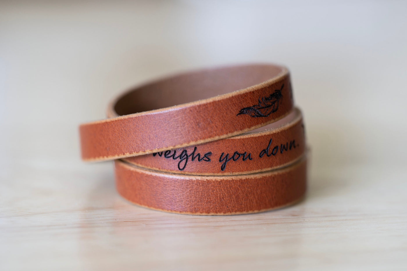 Leather Bracelet Snaps Triple Wrap | English Tan + Silver | Words of Affirmation Love Quotes Gift For Her Mens Bracelet