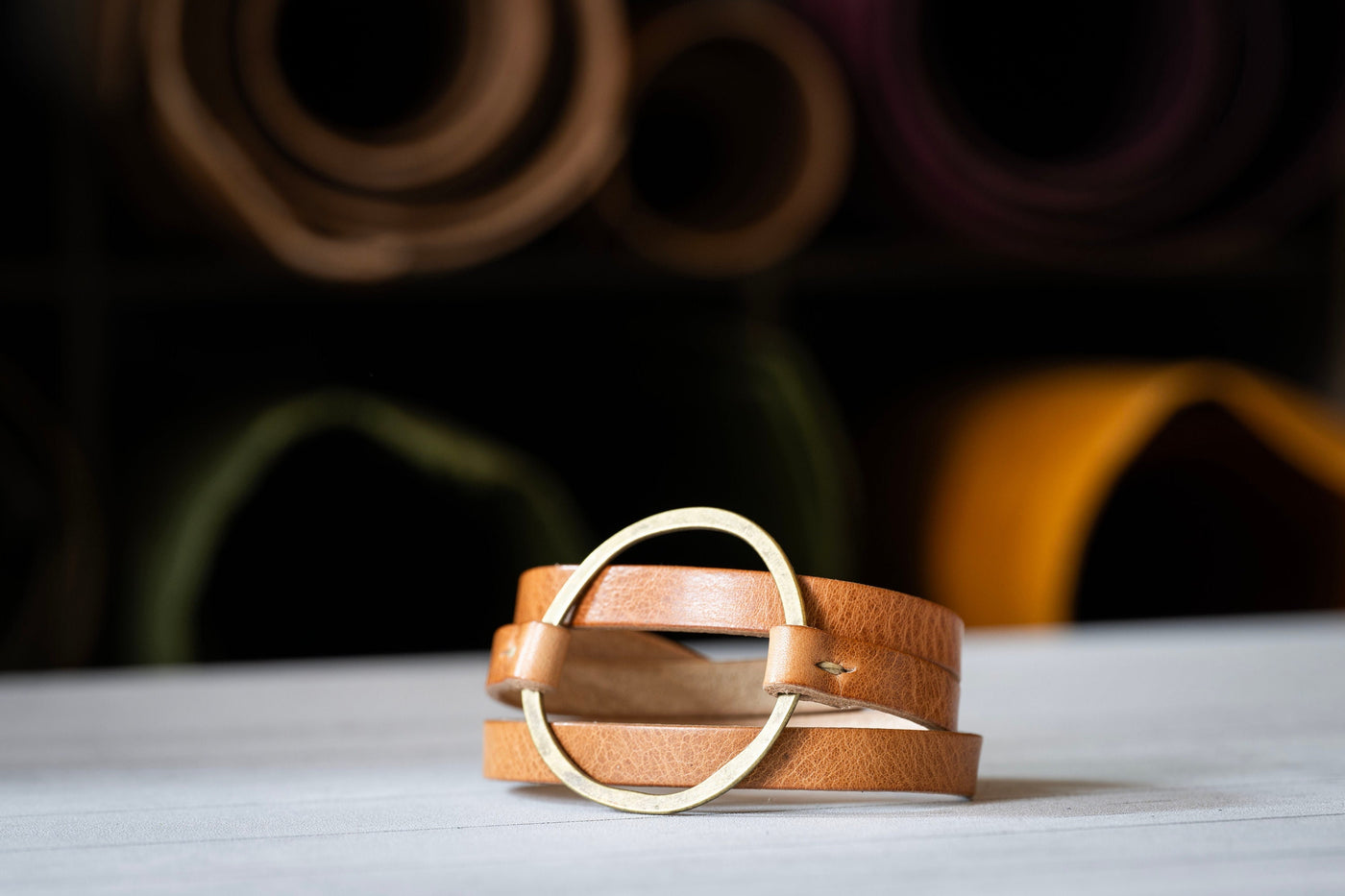 Womens Leather Bracelet Wrap | Multi-strand Boho Hoop Cuff | Rustic Walnut + Antique Brass | Handmade Jewelry Personalized Gift For Her