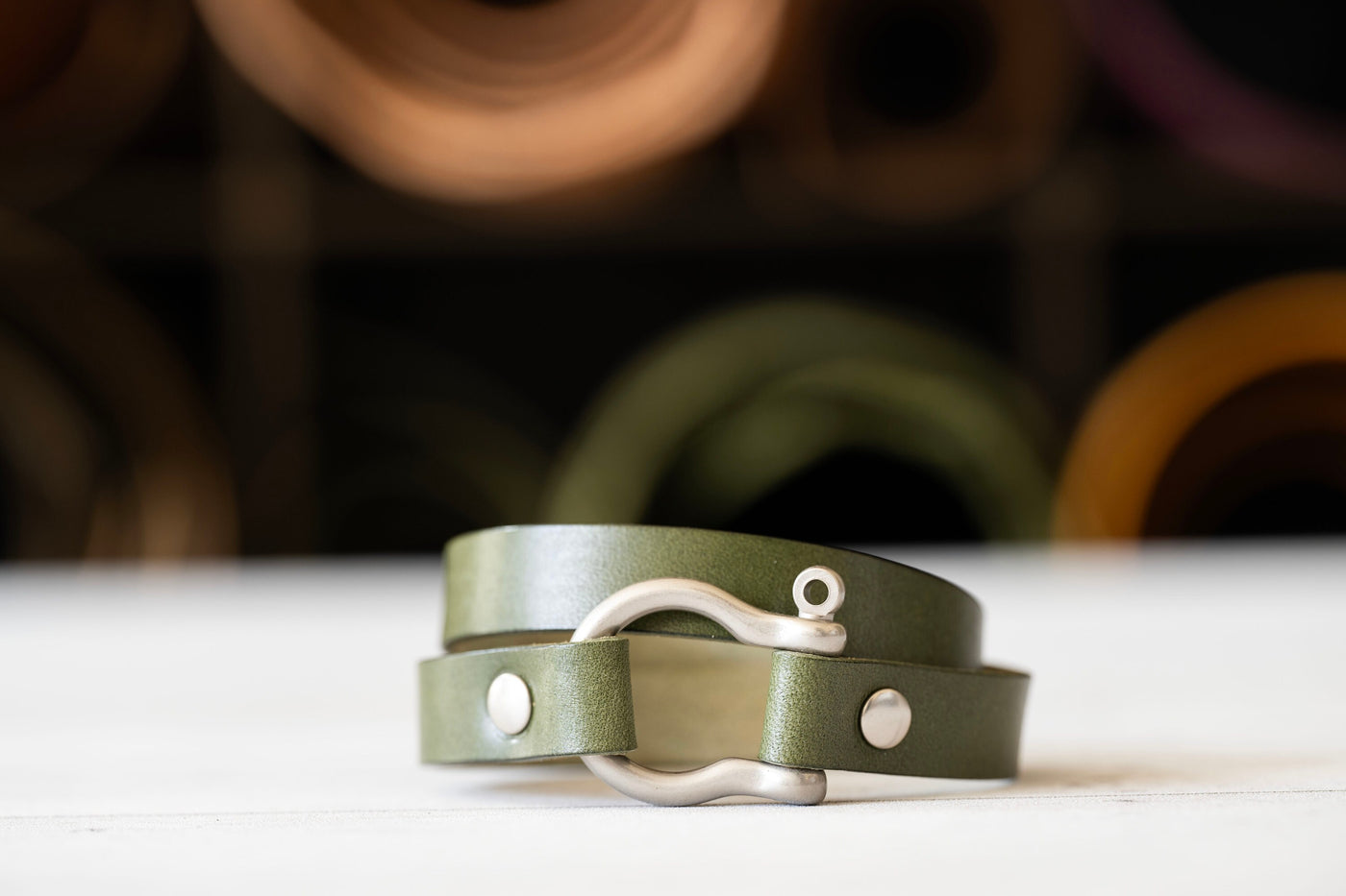 Shackle Double Wrap Leather Bracelet | Handmade Jewelry | USA Made | Olive Green + Brushed Nickle Screw Pin Anchor Shackle