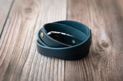 Leather Wrap Bracelet Handmade - Navy Blue Leather + Brass