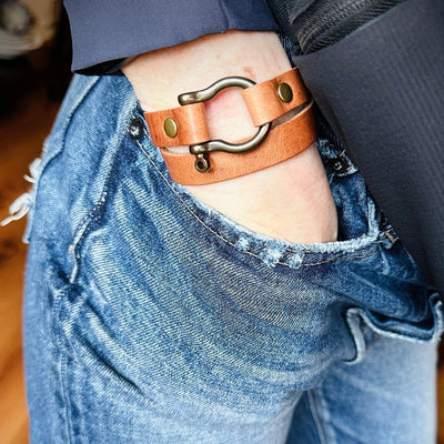 Double Wrap Shackle Leather Bracelet | Handmade Jewelry | USA Made | Rustic Walnut + Antique Brass Screw Pin Anchor Shackle