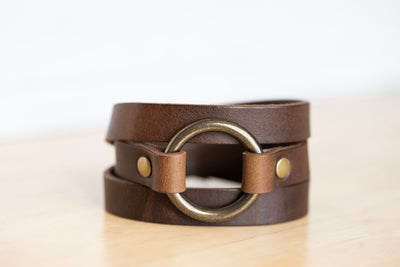 Personalized Leather Wrap Bracelet Cuff | Chrome Ring + Brown | Gift for Her and Him | Handmade Jewelry