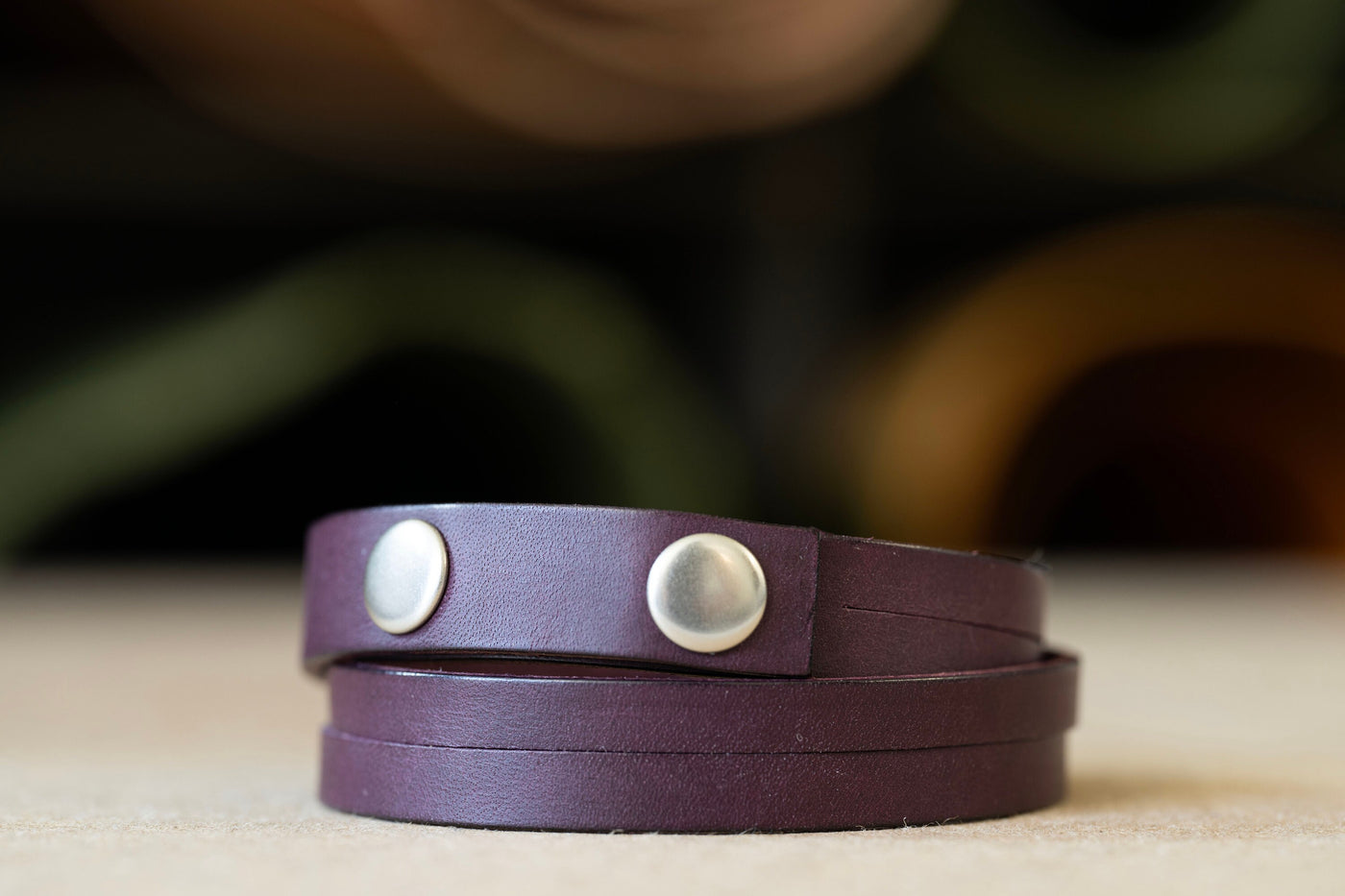 Leather Bracelet Minimalist Wrap | Eggplant Purple Leather | Engrave Words Quotes Clipart | Perfect Gift Engrave and Customize