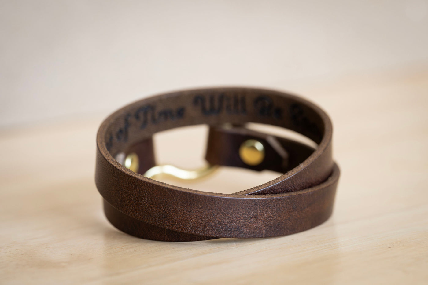 Leather Bracelet Shackle Double Wrap | Handmade Jewelry | Dark Brown + Brass | Screw Pin Anchor | Custom Engrave Personalize Quote Words