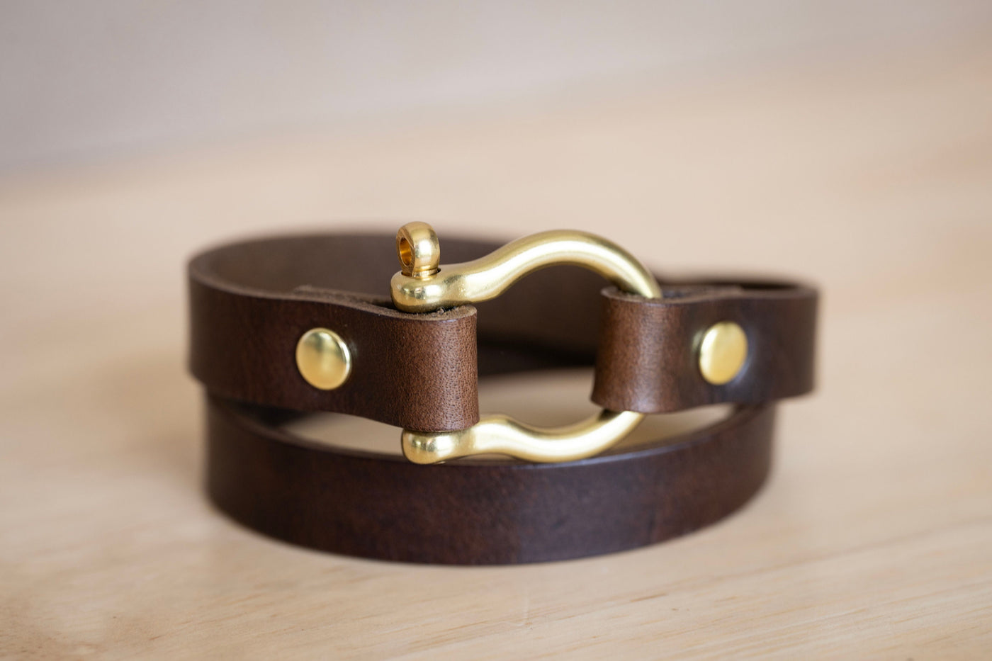 Leather Bracelet Shackle Double Wrap | Handmade Jewelry | Dark Brown + Brass | Screw Pin Anchor | Custom Engrave Personalize Quote Words