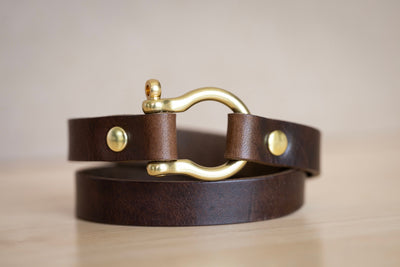 Leather Bracelet Shackle Double Wrap | Handmade Jewelry | Dark Brown + Brass | Screw Pin Anchor | Custom Engrave Personalize Quote Words