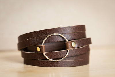 Leather Bracelet Handmade Hammered Gold Hoop | Rustic Brown + Gold Filled Hammered Hoop | Customized Gift Personalized Engraving