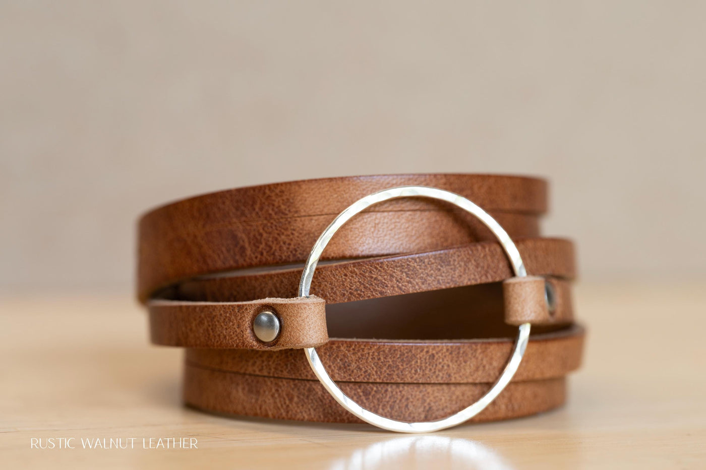 Leather Bracelet Wrap Sterling Silver Hammered Hoop + Rustic Walnut Leather Handmade Jewelry Customize Color Size Engraving Perfect Gift