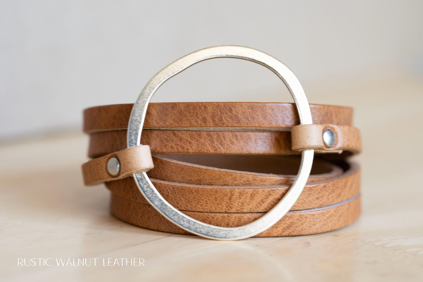 Leather Bracelet Hoop Wrap | Multi-strand Boho Cuff | Rustic Walnut + Silver | Handmade Jewelry Personalized Gift Engrave Words Affirmations