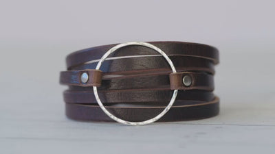 Leather Bracelet Wrap Women - Sterling Silver Hammered Hoop - Handmade Jewelry - Boho Style - Gift For Him