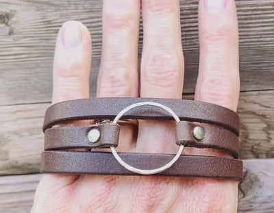 Leather Wrap Bracelet For Women, Sterling Silver Hammered Hoop, Brown Leather, Handmade Jewelry