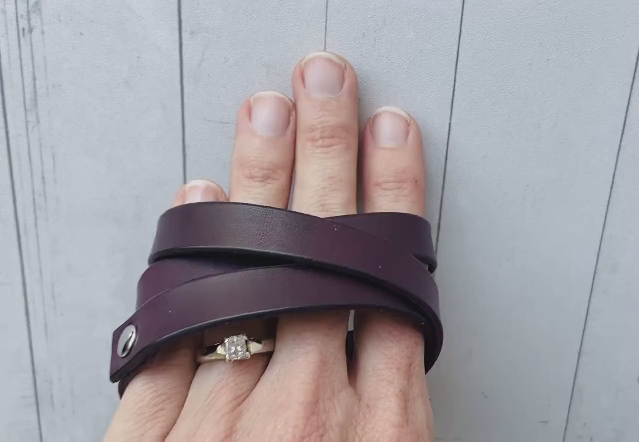 Leather Wrap Bracelet Handmade - Eggplant Purple Leather + Nickle Rivets